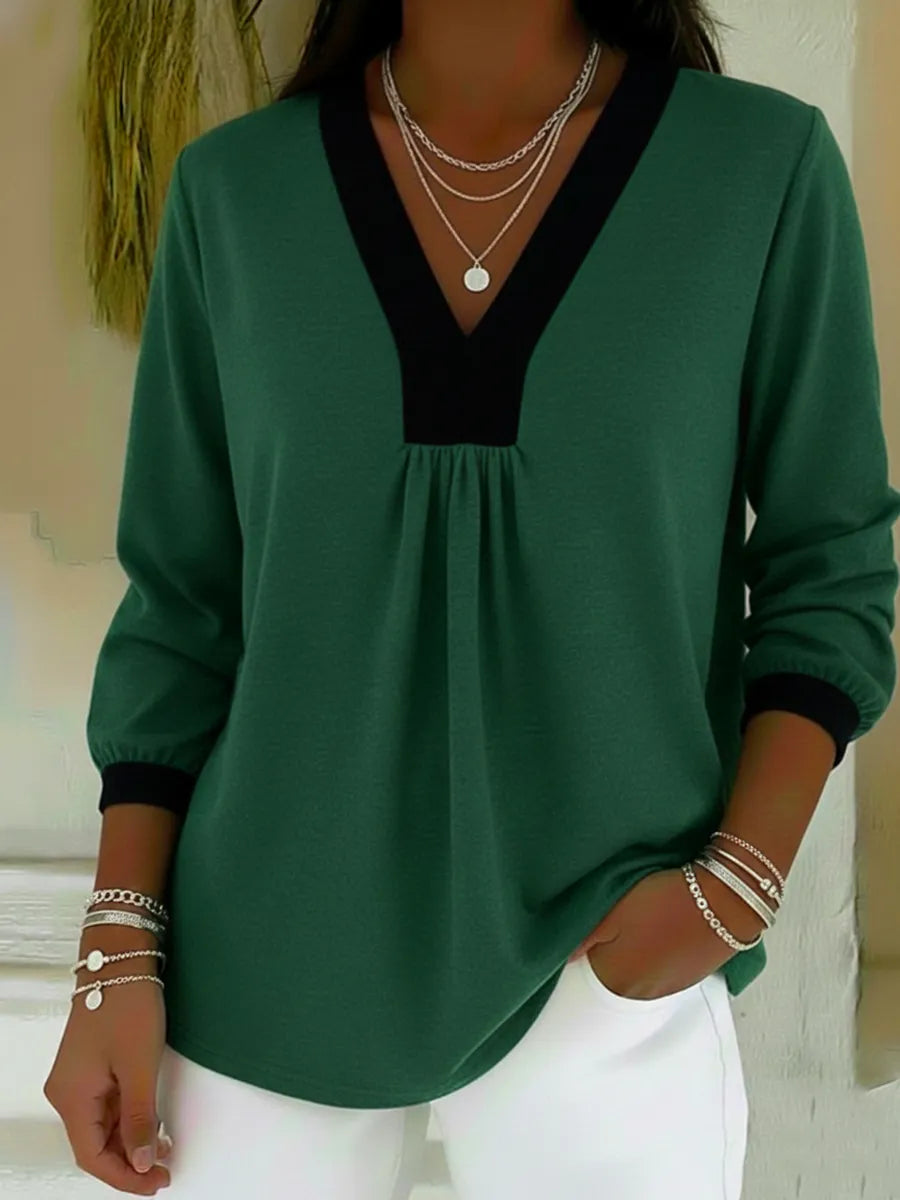 Casual Color-block V-neck Cotton Shirt Top