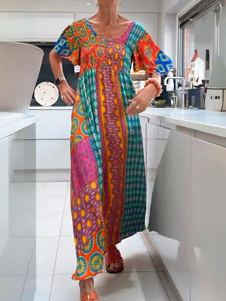 Women's Retro Print Round Neck Short Sleeve Casual Cotton and Linen Dress