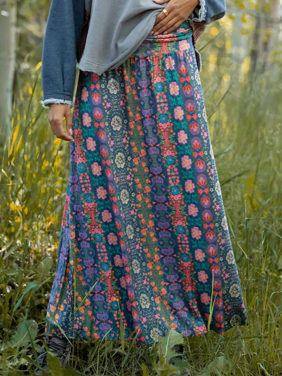 Women's Retro Floral Print Elastic Waist Casual Cotton and Linen Skirt Strapless Dress Two-Way Dress