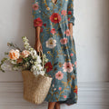Women's Vintage Flower Art Print Linen Pocket Tunic Dress