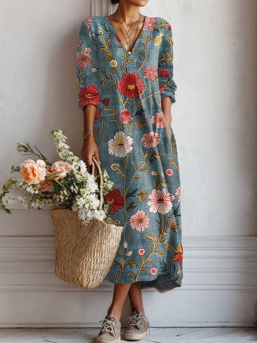 Women's Vintage Flower Art Print Linen Pocket Tunic Dress