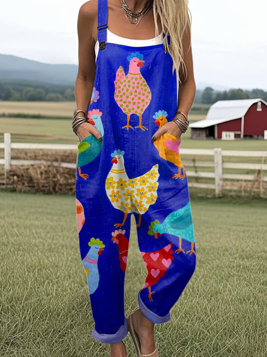 Women's  Funny Chick Art Print Casual 100% Cotton Wide Leg Jumpsuit