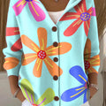 Women's Large Colorful Flowers Printed Casual Hooded Button Sweater