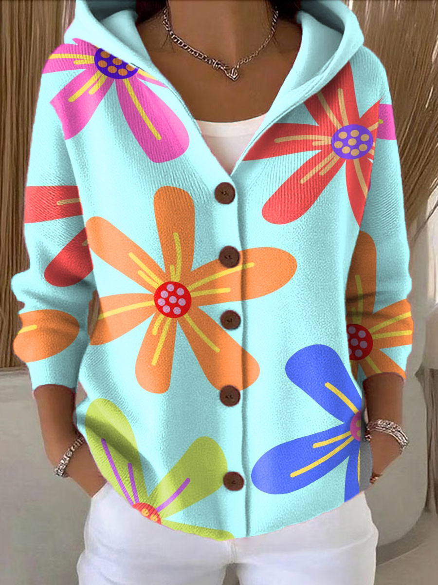 Women's Large Colorful Flowers Printed Casual Hooded Button Sweater