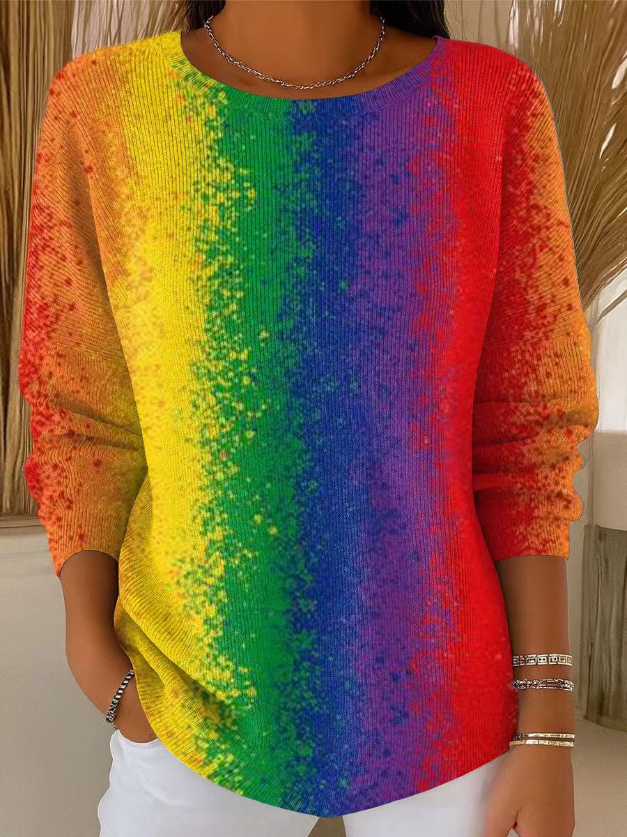 Women's Beautiful Multicolor Striped Painterly Art Print Casual Pullover Sweater
