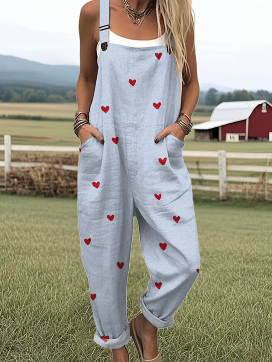 Women's Valentine's Day Love Art Print Casual 100% Cotton Wide Leg Jumpsuit