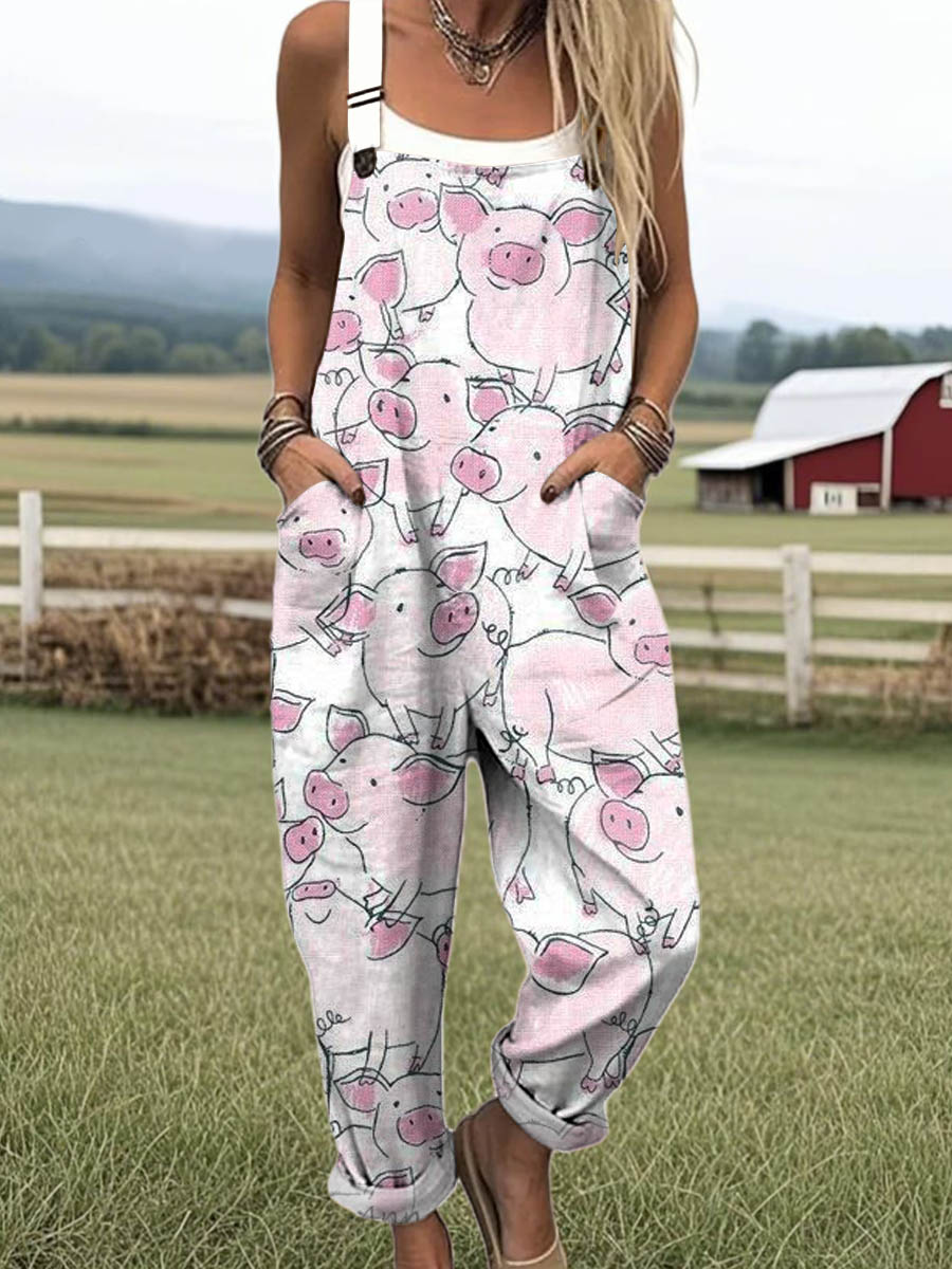 Women's Lovely Pigs Art Print Casual 100% Cotton Wide Leg Jumpsuit