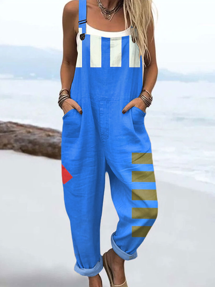 Women's Vintage Abstract Geometric Art Print Casual 100% Cotton Wide Leg Jumpsuit