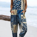 Women's Vintage Floral Patchwork Pattern Art Print Casual 100% Cotton Wide Leg Jumpsuit