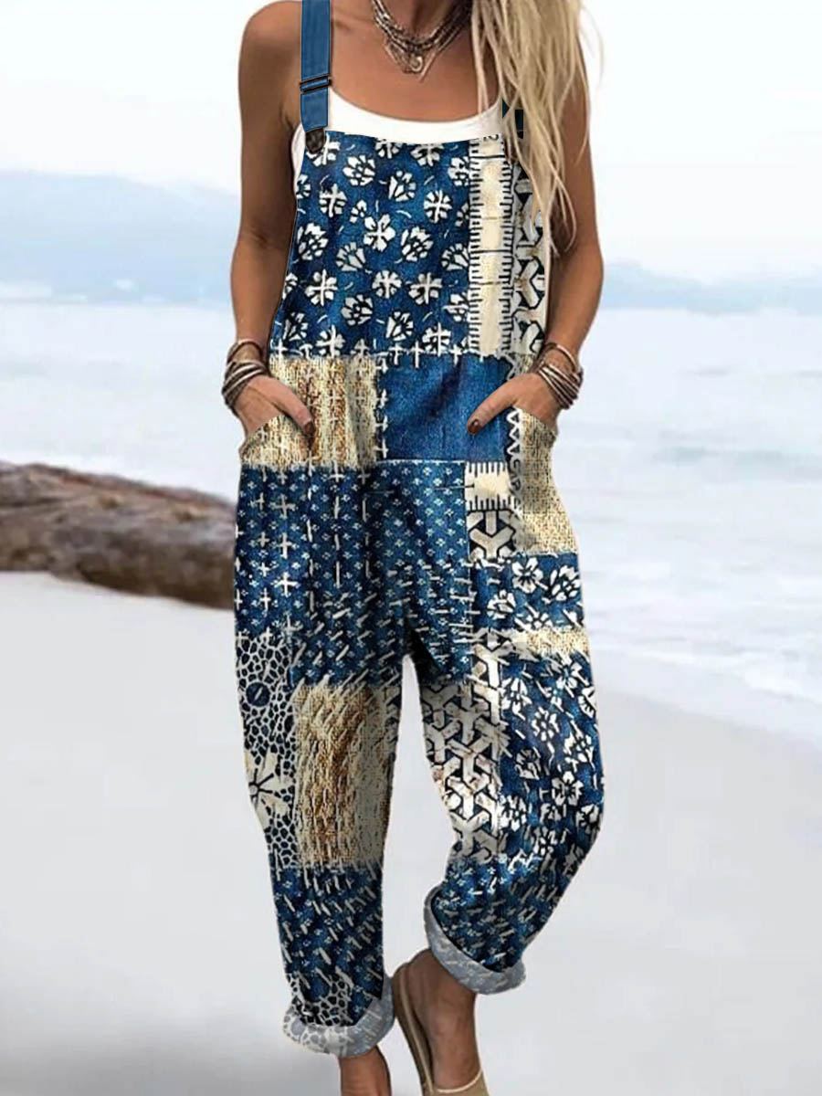 Women's Vintage Floral Patchwork Pattern Art Print Casual 100% Cotton Wide Leg Jumpsuit