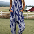 Women's Vintage Blue Stripes Art Print Casual 100% Cotton Wide Leg Jumpsuit