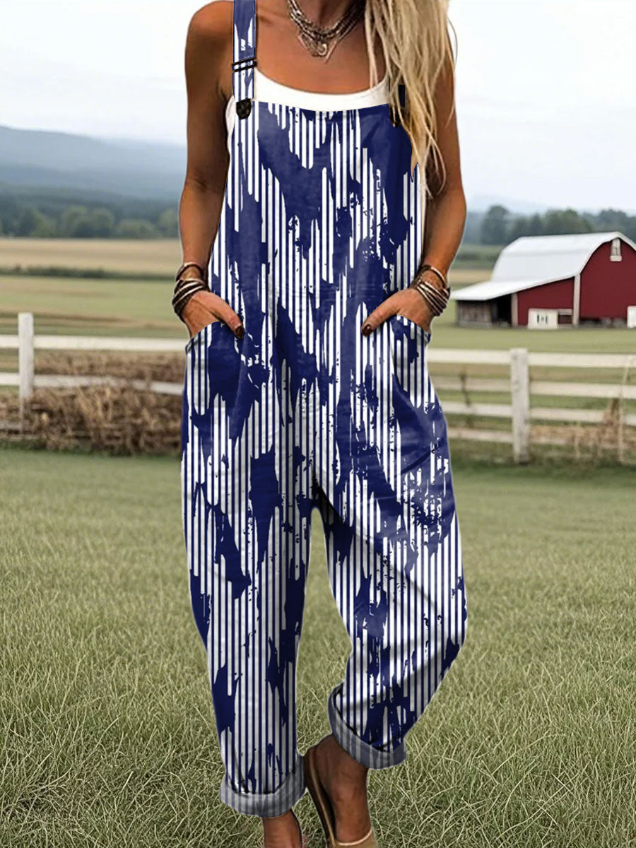 Women's Vintage Blue Stripes Art Print Casual 100% Cotton Wide Leg Jumpsuit