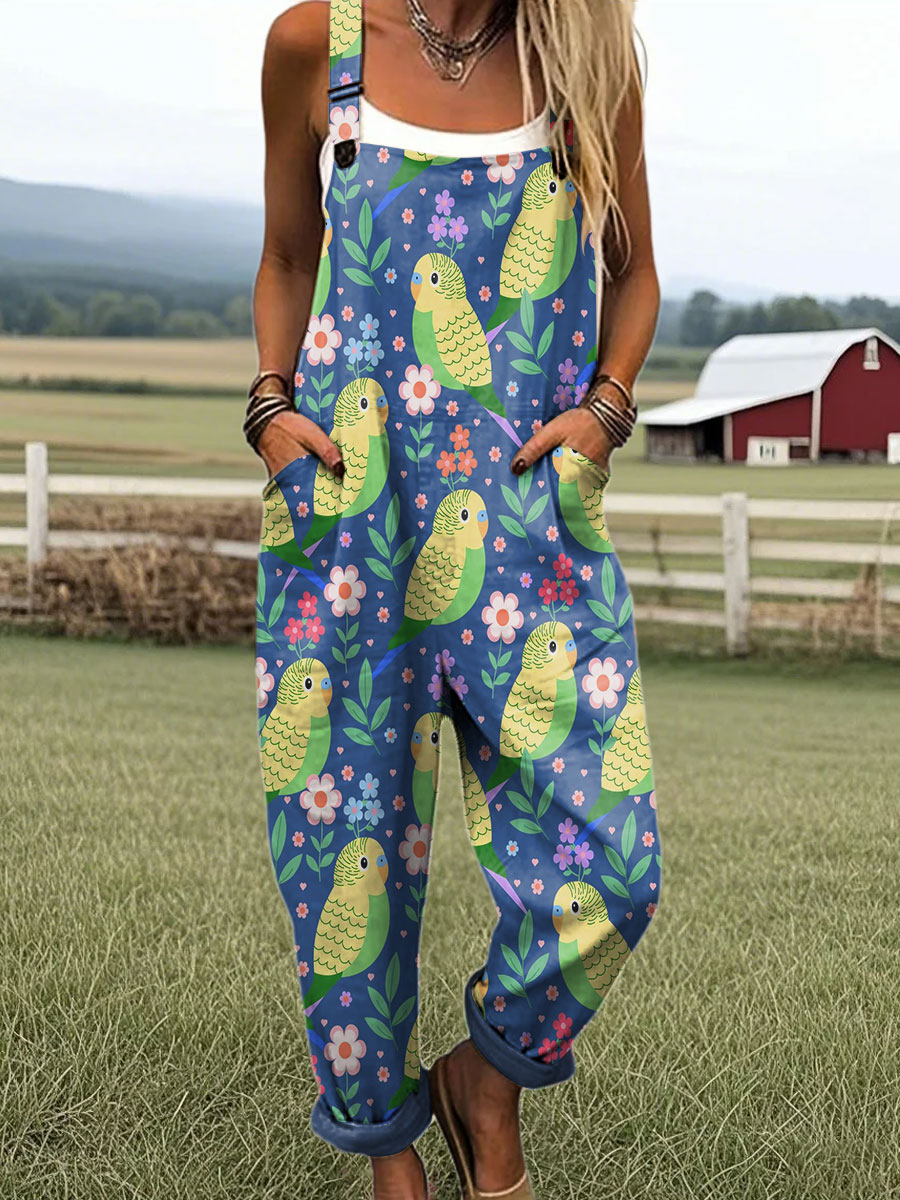 Women's Vintage Floral Parrot Art Print Casual Cotton Pocket Jumpsuit