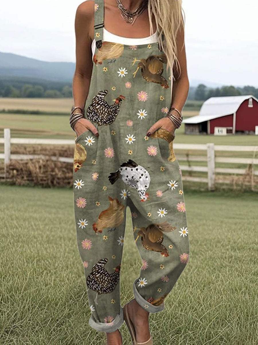 Women's  Funny Chicken Art Print Casual 100% Cotton Wide Leg Jumpsuit