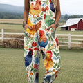 Women's Lovely Chicken Art Print Casual 100% Cotton Wide Leg Jumpsuit