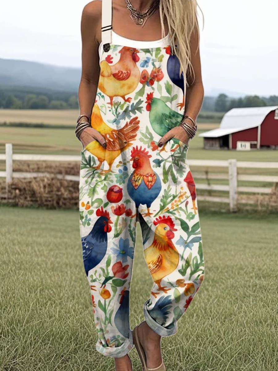 Women's Lovely Chicken Art Print Casual 100% Cotton Wide Leg Jumpsuit