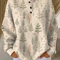 Women's Christmas Tree Art Print Casual Waffle Henry Collar Sweatshirt