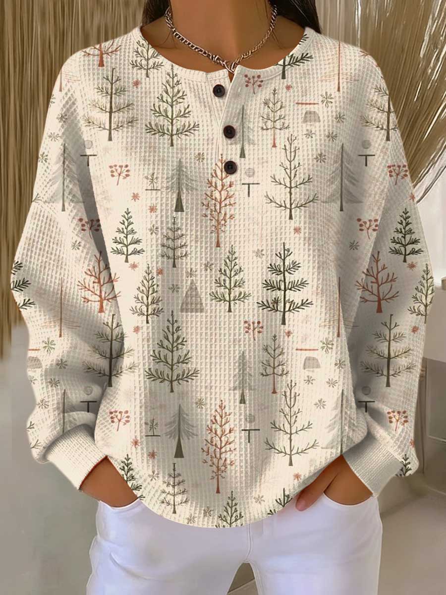 Women's Christmas Tree Art Print Casual Waffle Henry Collar Sweatshirt