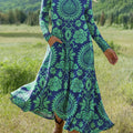 Women's Vintage Flower Art Print Long-sleeved Dress