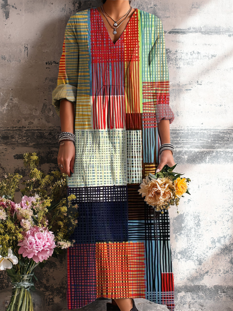 Women's Abstract Colorful Lines Checkered Painting Art Print Dress