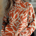 Damen-Orange-Vintage-Kunstblatt-Print-Strickpullover mit Rollkragen 