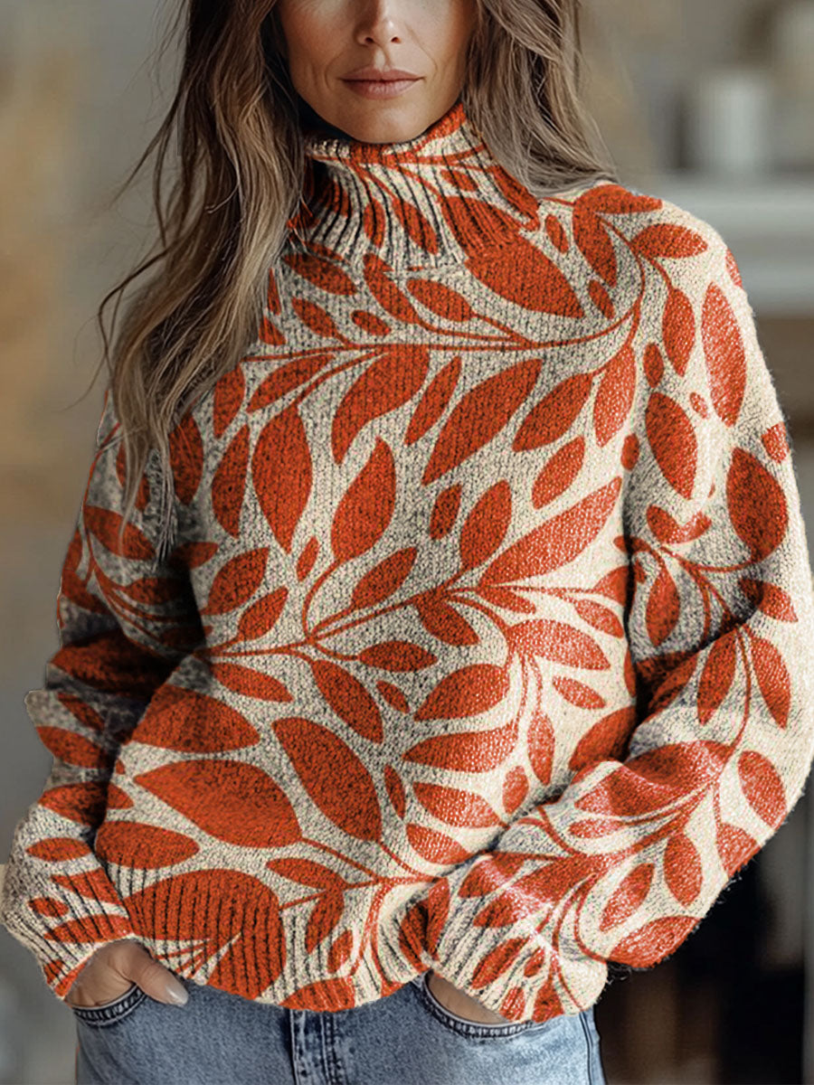 womens-orange-vintage-art-leaf-print-knit-turtleneck-pullover-sweater
