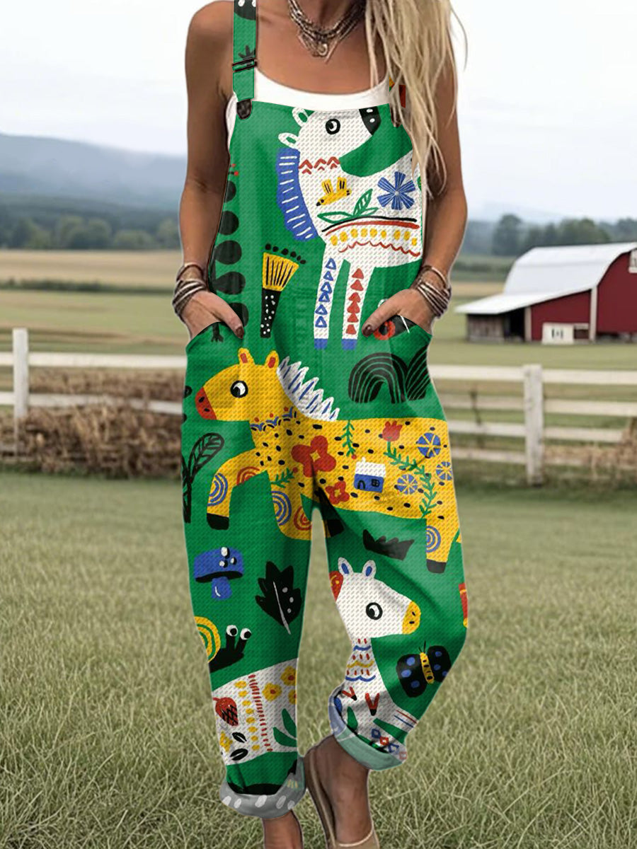 Women's Colorful Cute Pony Drawing Art Print Casual 100% Cotton Wide Leg Jumpsuit