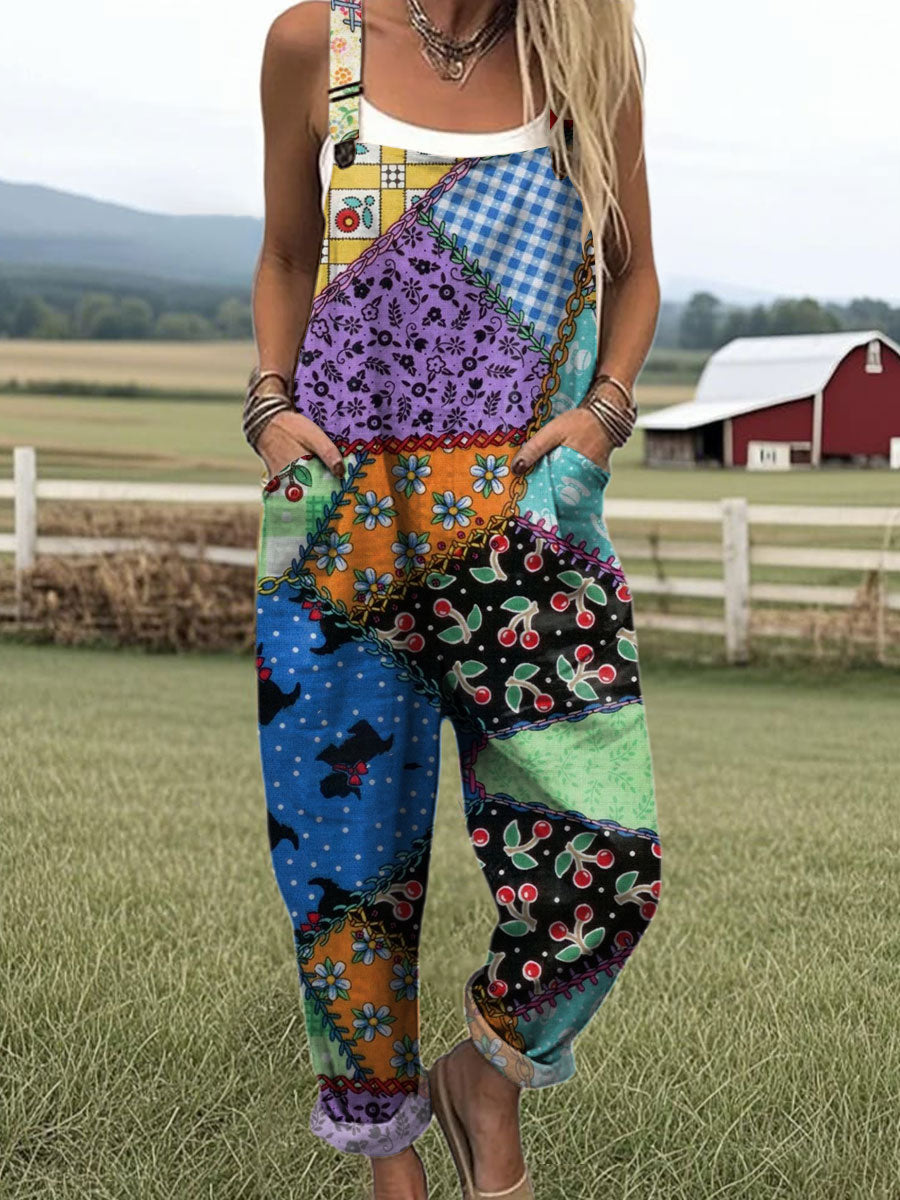 Women's  Patchwork Floral Art Print Casual 100% Cotton Wide Leg Jumpsuit