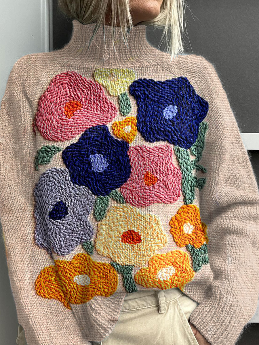 vintage-floral-art-print-knit-turtleneck-pullover-sweater