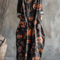 Women's Halloween Pumpkin Art Pattern Print Pocket V-neck Cotton Dress
