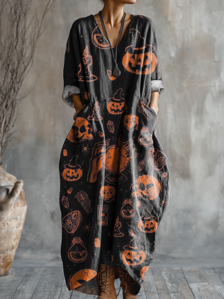 Women's Halloween Pumpkin Art Pattern Print Pocket V-neck Cotton Dress