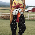 Women's  Vintage  Funny Chicken Art Print Casual 100% Cotton Wide Leg Jumpsuit