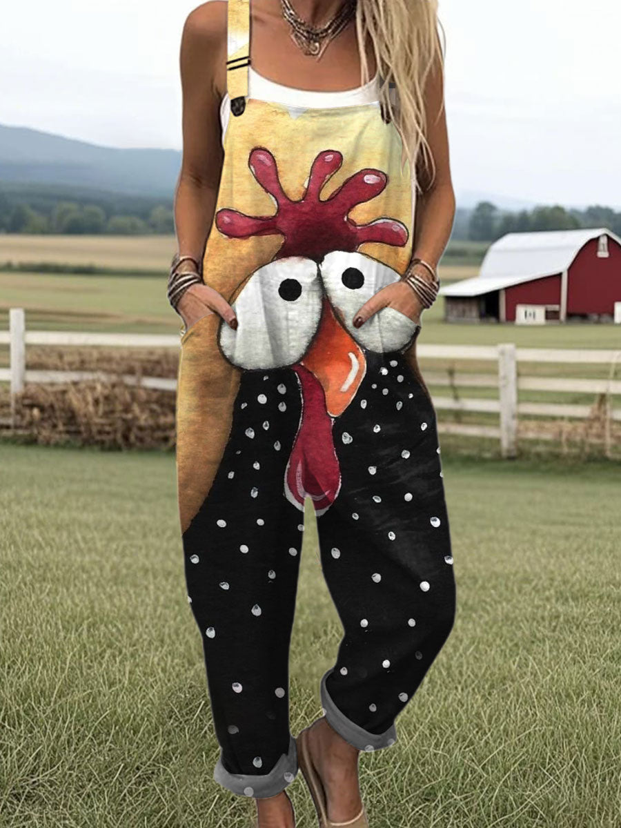 Women's  Vintage  Funny Chicken Art Print Casual 100% Cotton Wide Leg Jumpsuit