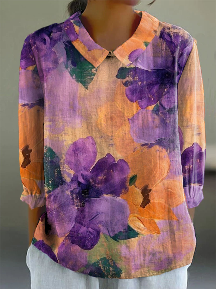 Women's Colorful Flowers Print Casual Cotton And Linen 3/4 Sleeve Shirt