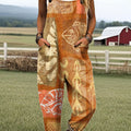 Women's Vintage Fish Art Print Casual 100% Cotton Wide Leg Jumpsuit