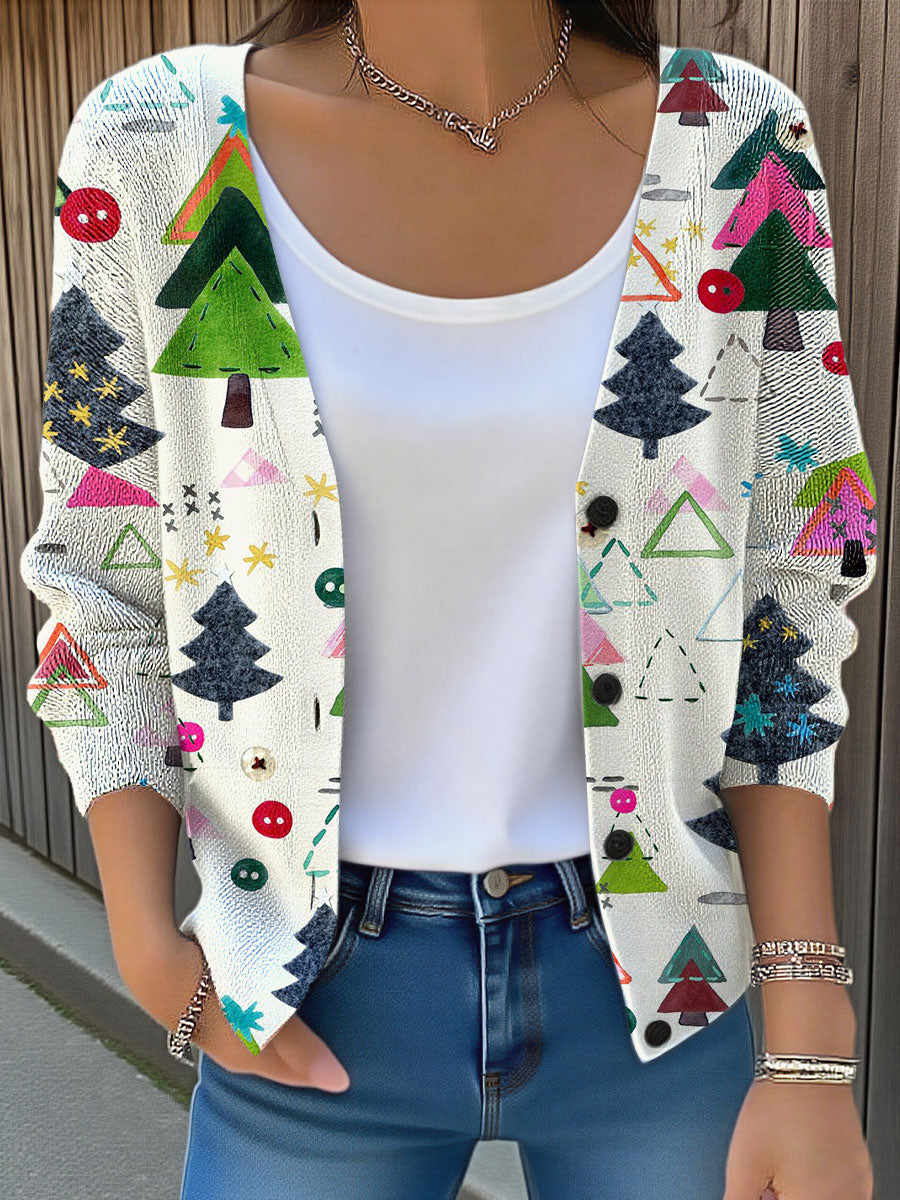 Vintage Christmas Tree Art Print Buttoned V-neck Cardigan Sweater