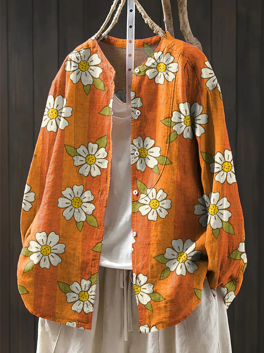 Women's Cute Floral Painting Art Print Casual Cotton And Linen Shirt