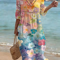 Colorful Floral Print Cutout V-neck Vacation Dress