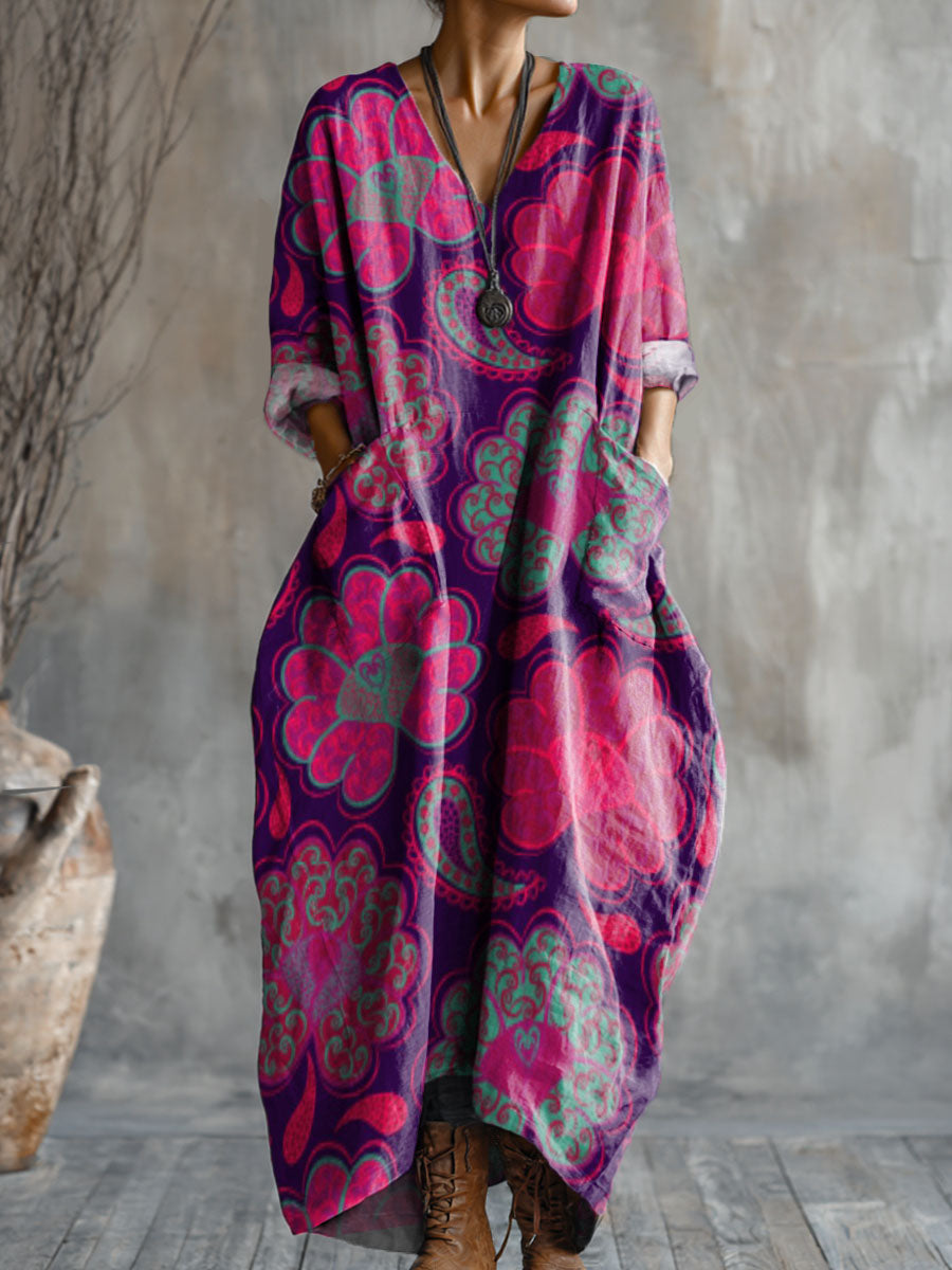 Women's National Style Floral Art Pattern Print Pocket V-neck Cotton Dress