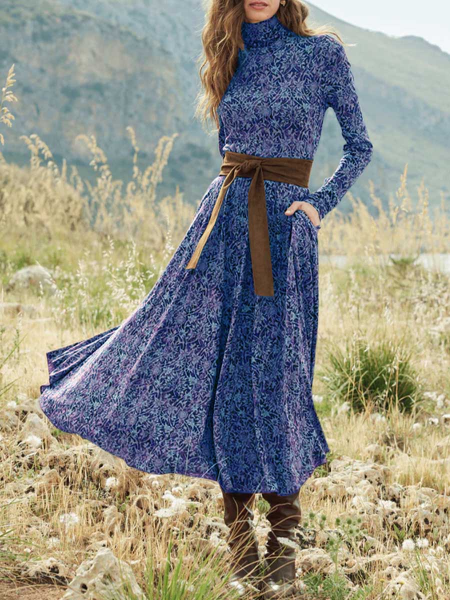 Women's Geometric Print Turtleneck Long Sleeve Casual Long A-Line Dress