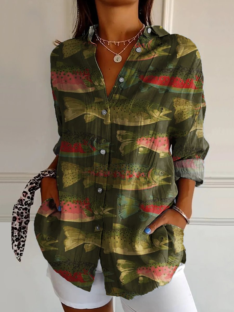 Women's Green Fish Print Casual Cotton Shirt