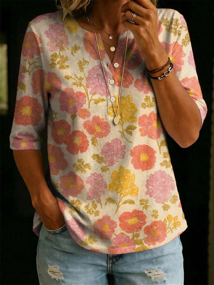 Women's Floral Pattern Art Casual Classic Henley Collar 100% Cotton T-shirt