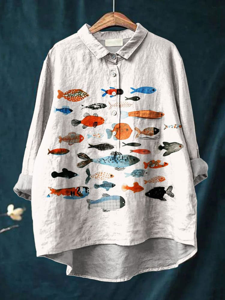Women's Cute School of Little Fish Print Casual Cotton And Linen Shirt