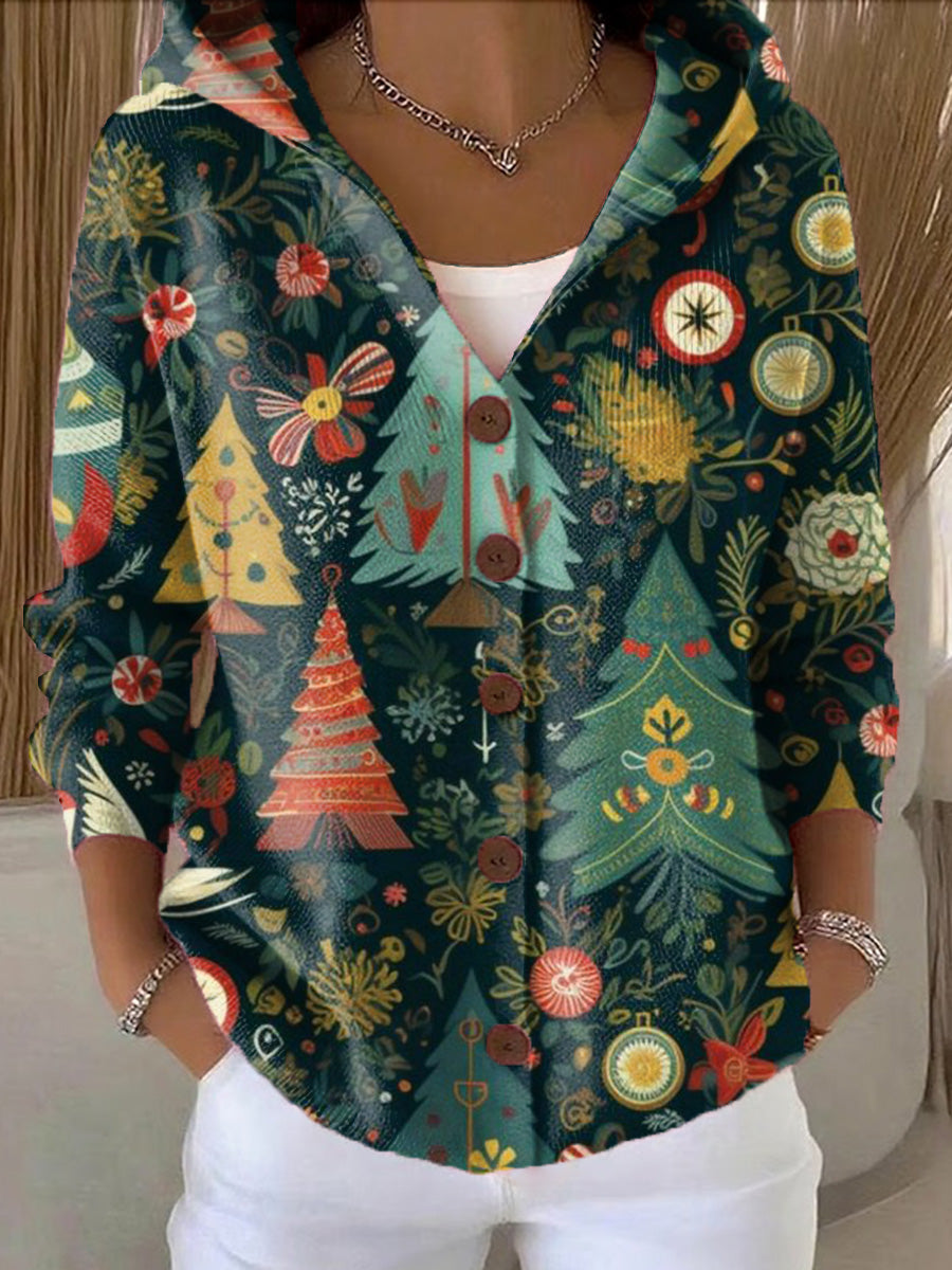 Women's Winter Christmas Gift Painting Art Print Casual Hooded Button Sweater