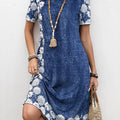 Denim Blue Pocket Floral Print A Line Dress