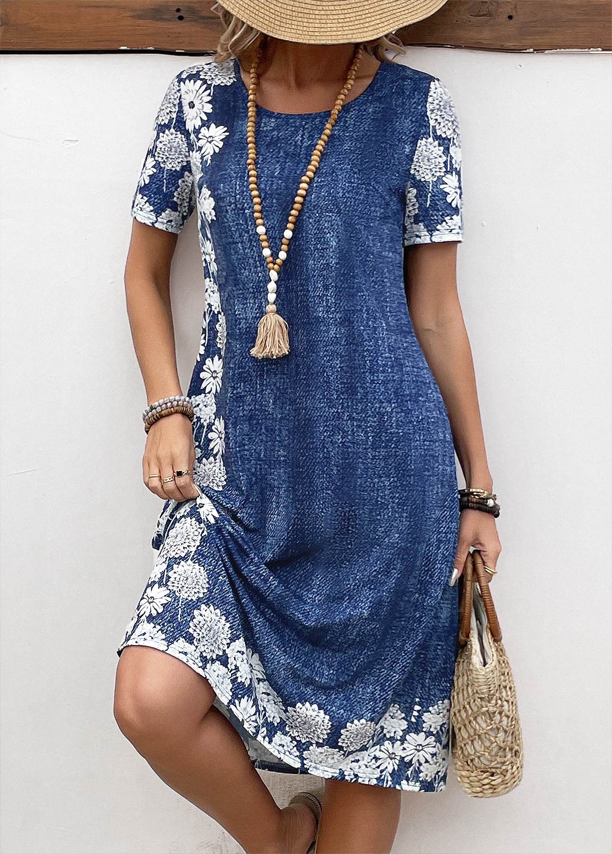 Denim Blue Pocket Floral Print A Line Dress
