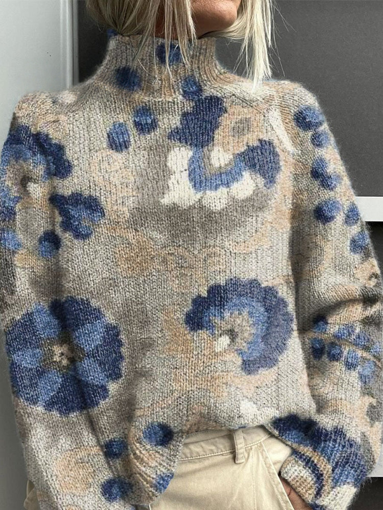 Retro Flowers Print Knit Turtleneck Pullover Sweater