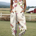 Women's Artistic Creative Floral Goose Print Casual 100% Cotton Wide Leg Jumpsuit