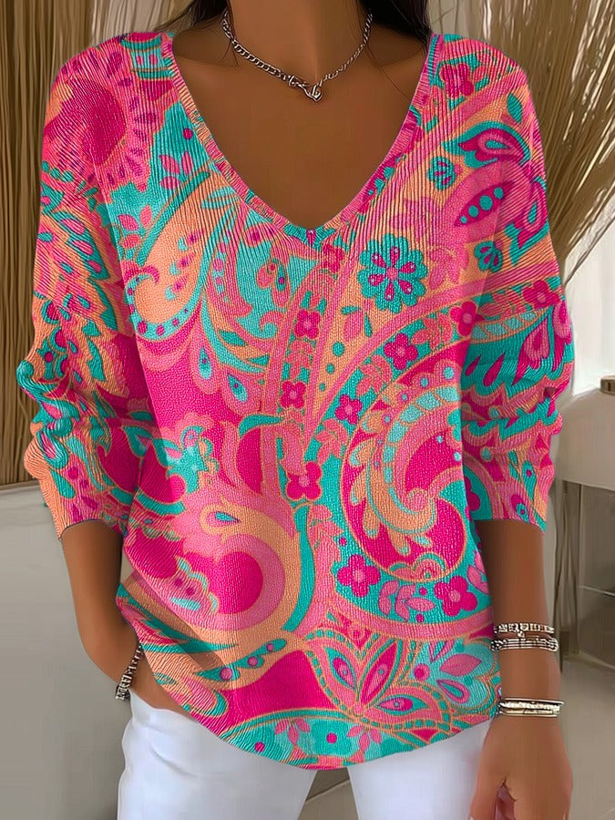 Women's Vintage Cashew Flower Art Print Casual Pullover Sweater