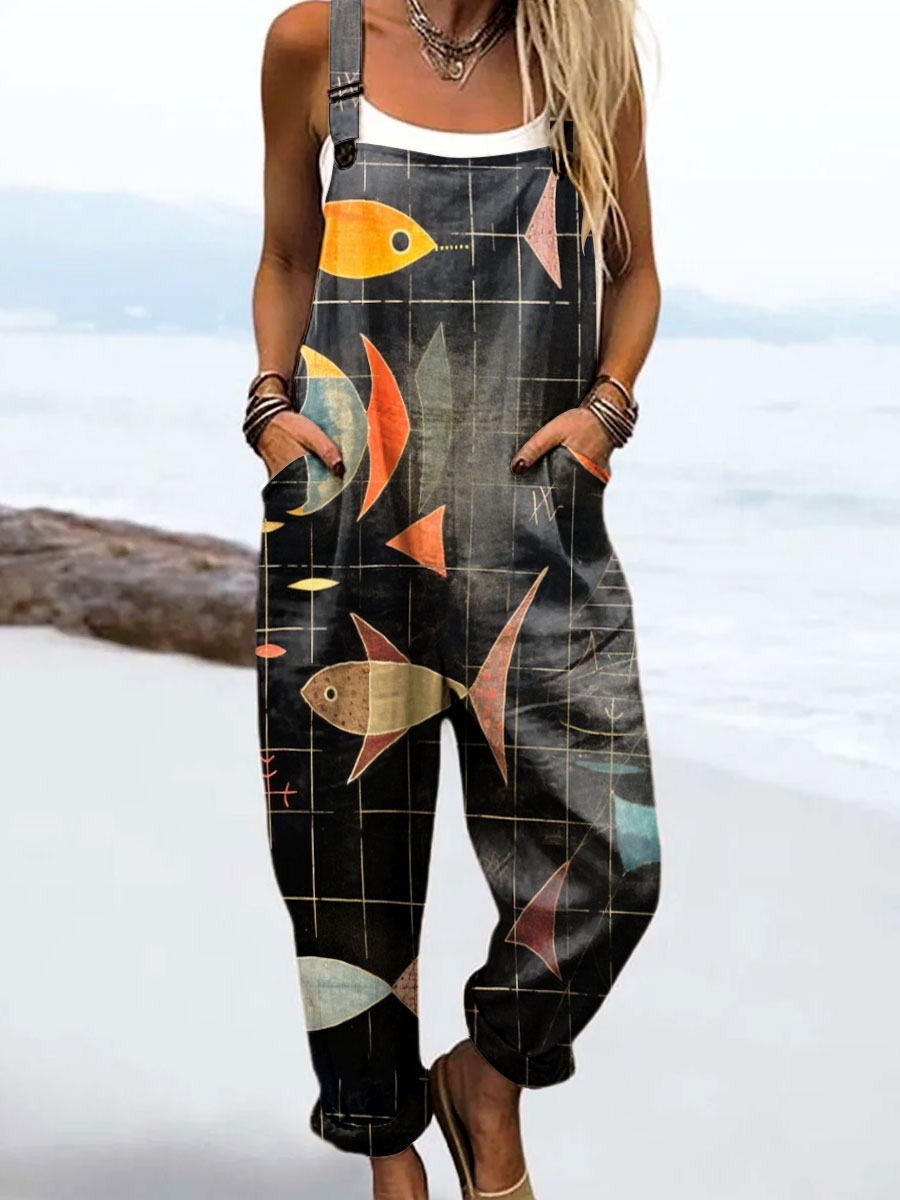 Women's Vintage Fish Art Print Casual 100% Cotton Wide Leg Jumpsuit